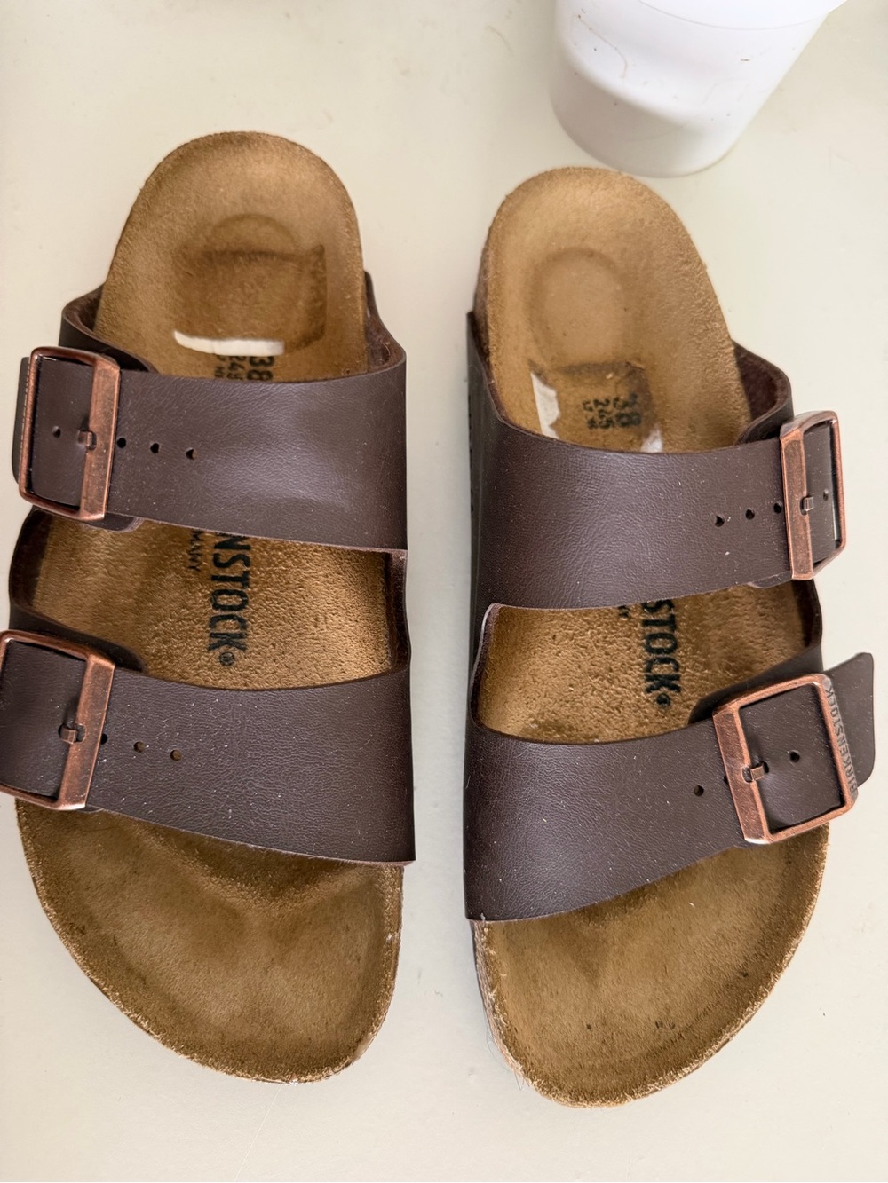Birkenstock Two-Strap Sandal in Dark Brown with Copper Buckles